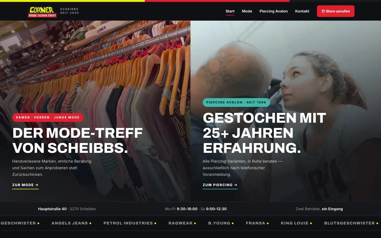 Startseite des Modehauses CORNER mit großem Foto und gelbem Markenstreifen