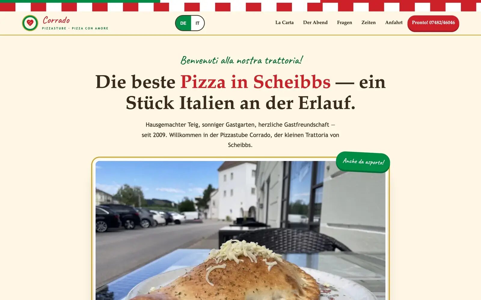 Variante Trattoria: ruhige Startseite mit großem Foto des Gastgartens