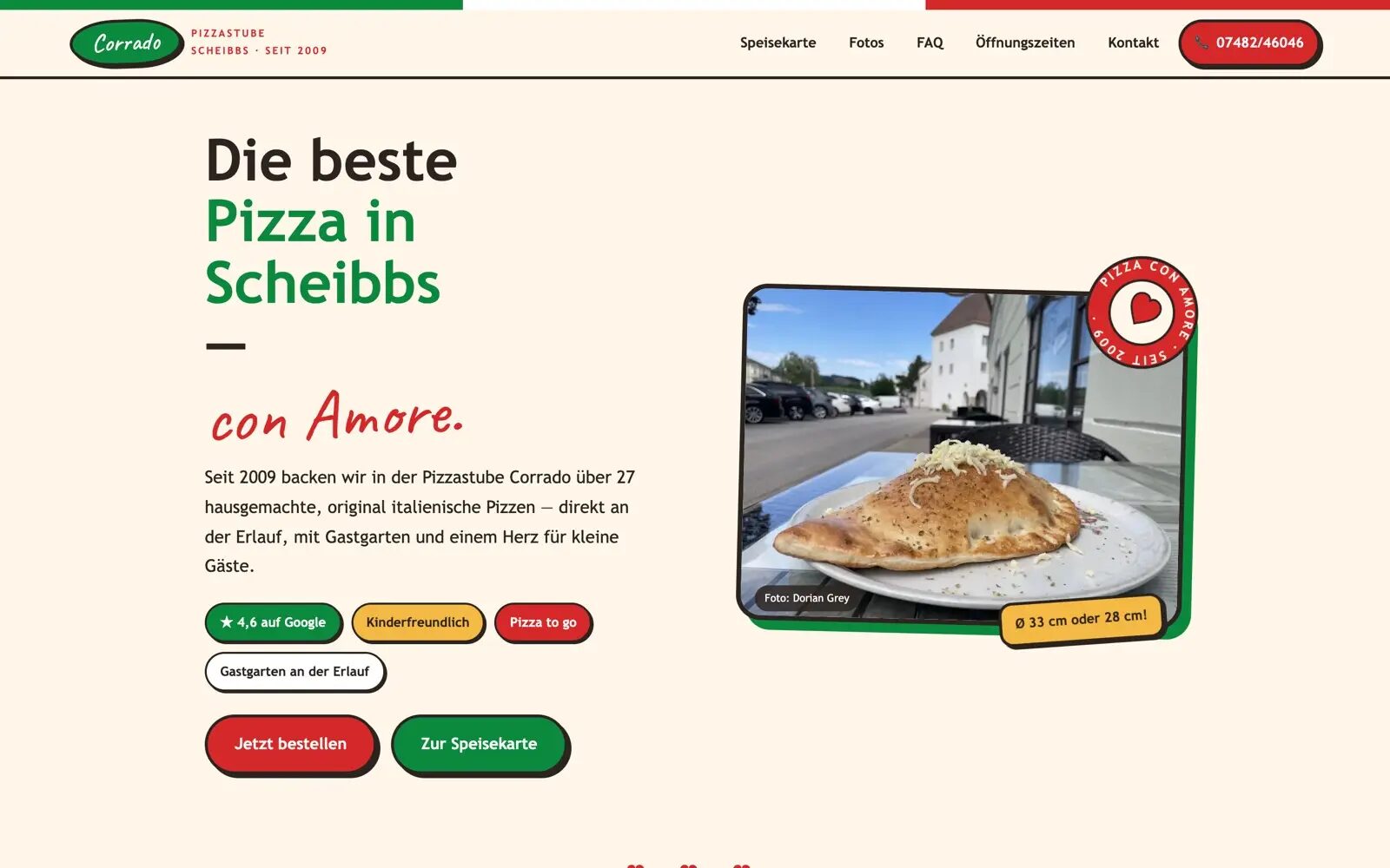 Variante Tricolore: Startseite der Pizzastube Corrado in Grün, Weiß und Rot