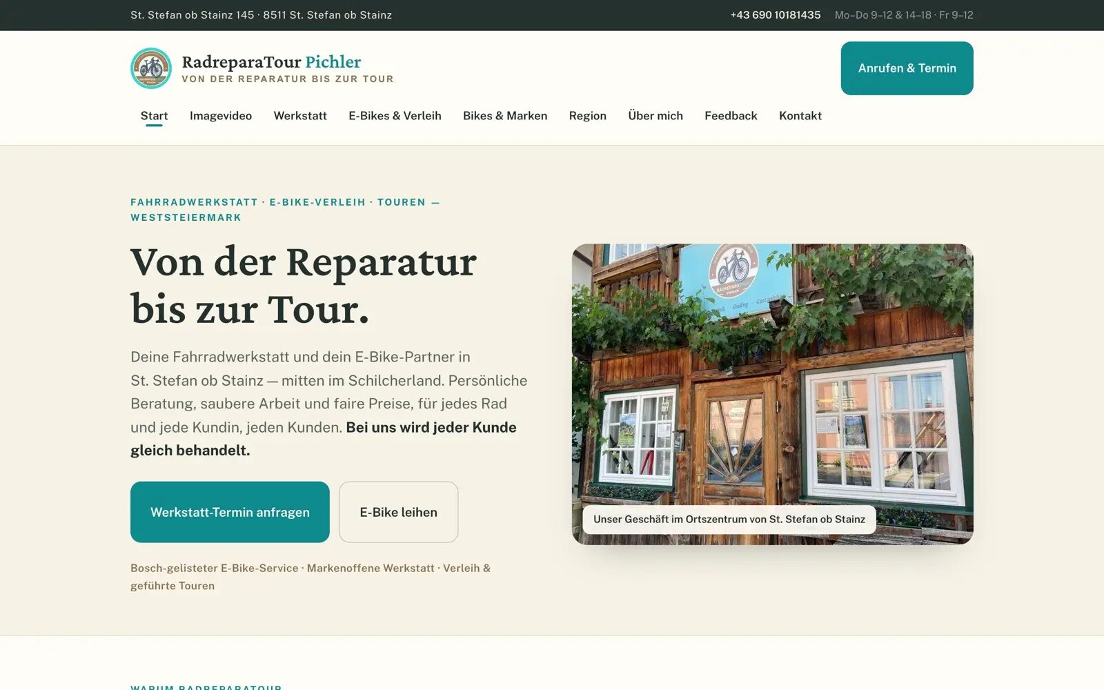 Website der RadreparaTour Pichler mit Werkstatt-Fotos