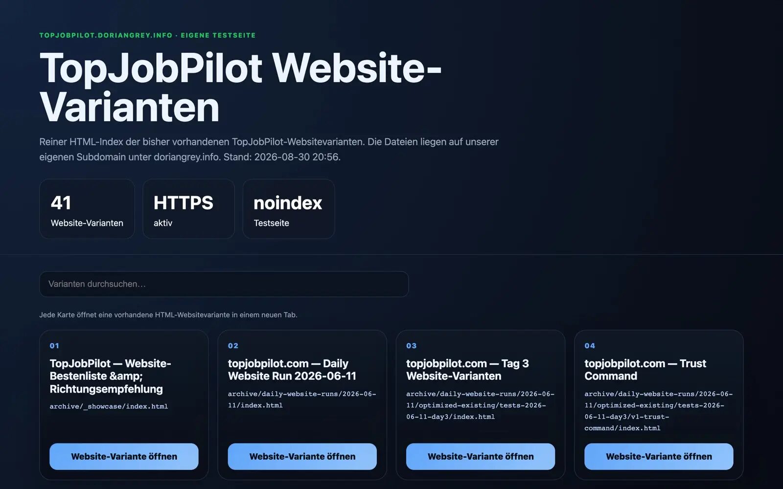 Übersicht der Website-Varianten von TopJobPilot