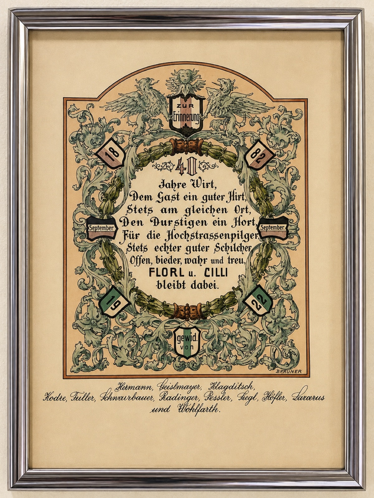 Urkunde „40 Jahre Wirt“, 1882–1922