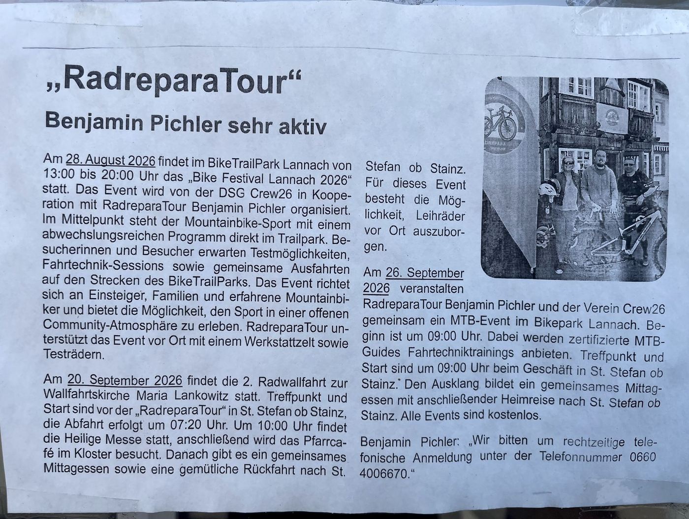 Zeitungsartikel: RadreparaTour — Benjamin Pichler sehr aktiv